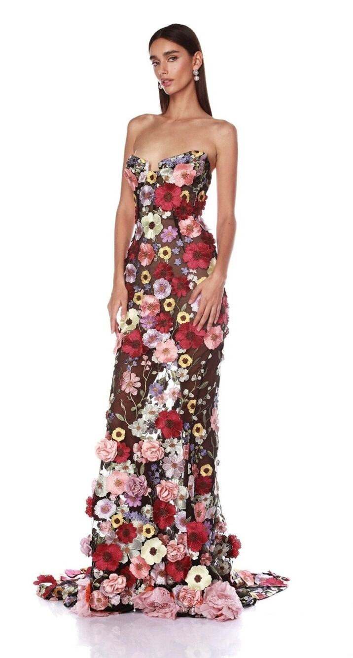$1500 New Bronx and Banco Jasmine Multi Floral Embroidered Straples Gown Sz L /8